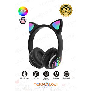 Siyah Bluetooth 5.0 Mikrofonlu Kablosuz Kulaklık Yüksek Ses Akıllı Led Işıklı Kedi Patili Rgb