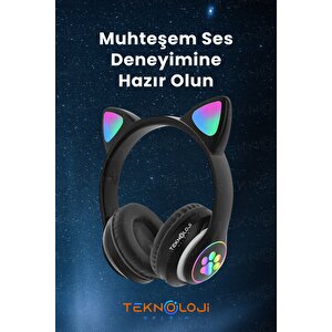 Siyah Bluetooth 5.0 Mikrofonlu Kablosuz Kulaklık Yüksek Ses Akıllı Led Işıklı Kedi Patili Rgb