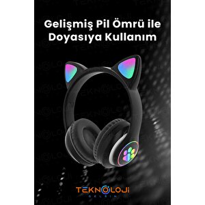 Siyah Bluetooth 5.0 Mikrofonlu Kablosuz Kulaklık Yüksek Ses Akıllı Led Işıklı Kedi Patili Rgb