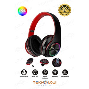 Kablosuz Kulaklık Bluetooth Mikrofonlu Kulaküstü Kulaklık Led Işıklı Katlanabilir Si̇yah-kirmizi