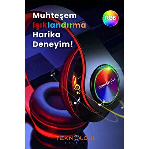 Kablosuz Kulaklık Bluetooth Mikrofonlu Kulaküstü Kulaklık Led Işıklı Katlanabilir Si̇yah-kirmizi