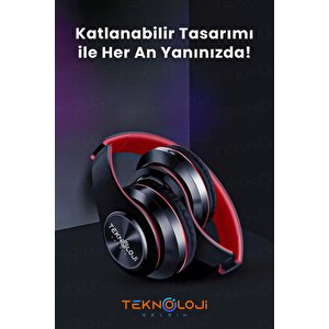 Kablosuz Kulaklık Bluetooth Mikrofonlu Kulaküstü Kulaklık Led Işıklı Katlanabilir Si̇yah-kirmizi