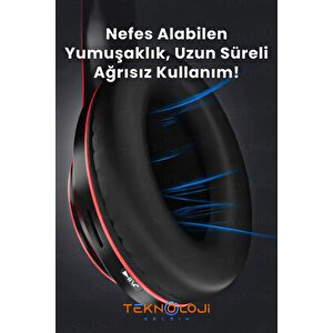 Kablosuz Kulaklık Bluetooth Mikrofonlu Kulaküstü Kulaklık Led Işıklı Katlanabilir Si̇yah-kirmizi