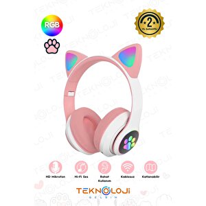 Pembe Bluetooth 5.0 Mikrofonlu Kablosuz Kulaklık Yüksek Ses Akıllı Led Işıklı Kedi Patili Rgb