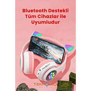 Pembe Bluetooth 5.0 Mikrofonlu Kablosuz Kulaklık Yüksek Ses Akıllı Led Işıklı Kedi Patili Rgb