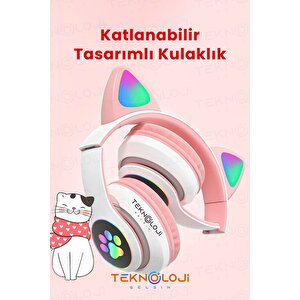 Pembe Bluetooth 5.0 Mikrofonlu Kablosuz Kulaklık Yüksek Ses Akıllı Led Işıklı Kedi Patili Rgb
