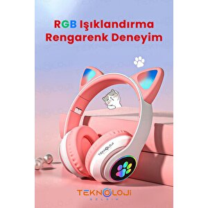 Pembe Bluetooth 5.0 Mikrofonlu Kablosuz Kulaklık Yüksek Ses Akıllı Led Işıklı Kedi Patili Rgb
