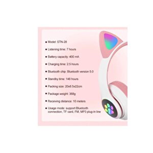 Pembe Bluetooth 5.0 Mikrofonlu Kablosuz Kulaklık Yüksek Ses Akıllı Led Işıklı Kedi Patili Rgb