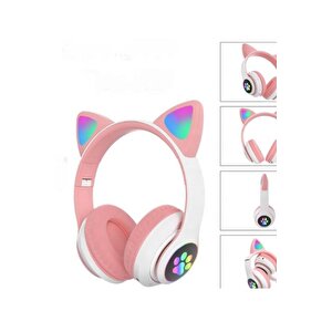 Pembe Bluetooth 5.0 Mikrofonlu Kablosuz Kulaklık Yüksek Ses Akıllı Led Işıklı Kedi Patili Rgb