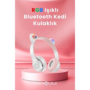 Kedi Kulaklık Kız Erkek Çocuk Kulaklığı Kulaküstü Işıklı Mikrofonlu Kablosuz İngilizce Eğitim Klaklk