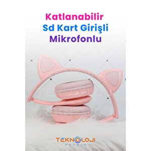 Kedi Kulaklık Kız Erkek Çocuk Kulaklığı Kulaküstü Işıklı Mikrofonlu Kablosuz İngilizce Eğitim Klaklk