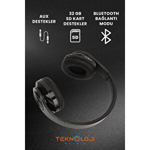 Bluetooth Kulaklık Kablosuz Kulaküstü Işıklı Katlanabilir Mikrofonlu Fm-aux-sd Siyah