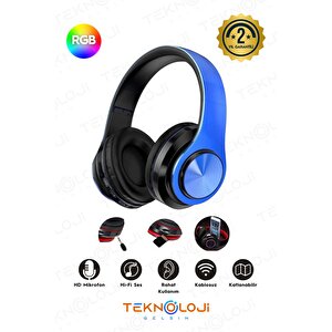 Kablosuz Kulaklık Bluetooth Mikrofonlu Kulaküstü Kulaklık Led Işıklı Katlanabilir Si̇yah-mavi̇