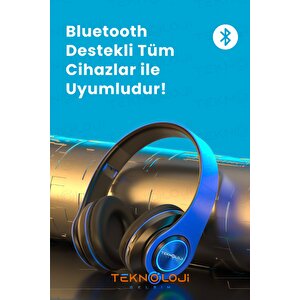 Kablosuz Kulaklık Bluetooth Mikrofonlu Kulaküstü Kulaklık Led Işıklı Katlanabilir Si̇yah-mavi̇