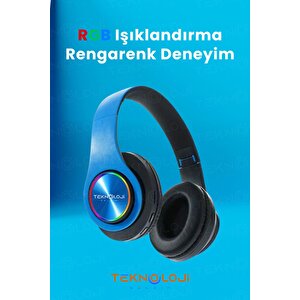 Kablosuz Kulaklık Bluetooth Mikrofonlu Kulaküstü Kulaklık Led Işıklı Katlanabilir Si̇yah-mavi̇