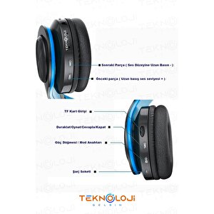 Kablosuz Kulaklık Bluetooth Mikrofonlu Kulaküstü Kulaklık Led Işıklı Katlanabilir Si̇yah-mavi̇