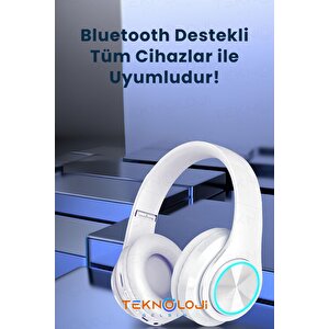 Kablosuz Bluetooth Mikrofonlu Kulaküstü Kulaklık Led Işıklı Katlanabilir Beyaz