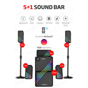 Hp-tv03 5+1 Soundbar Ev Sinema Sistemi Stereo Hd Ses Rgb Kablolu 100 Watt Amfi̇ 15wx5 Soundbar