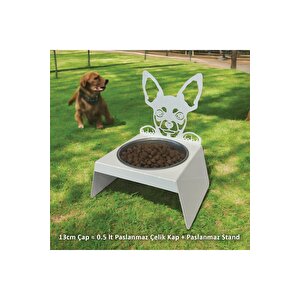 Sevimli Köpek Tasarımlı, Ergonomik Beyaz Kedi Ve Köpek Mama Ve Su Kabı Tekli Small Model – Paslanmaz Çelik, Dayanıklı Malzeme