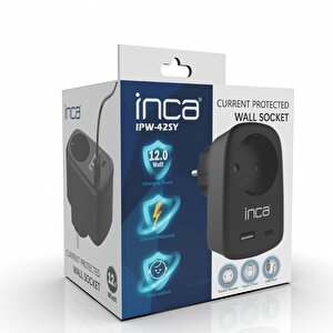 Inca Ipw-42sy 1port 12w Usb+Type-C Akım Korumalı  Duvar Priz - Siyah