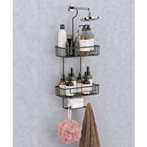 Duş Borusuna Asılabilir Kancalı İki Katlı Banyo Raf  Siyah Bk-0068
