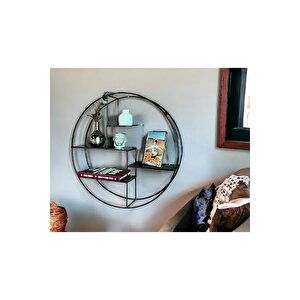 60cm Çap Siyah Daire 4 Katlı Dekoratif Duvar Rafı