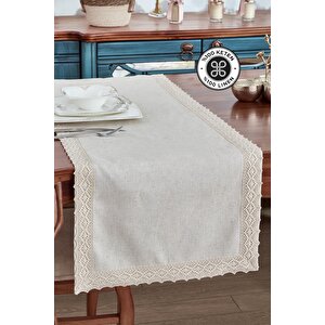 %100 Keten Pamuk Dantelli Runner 50x130 Cm Linen Kumaş Masa Örtüsü Sehpa Leke Tutmaz Mutfak Bej