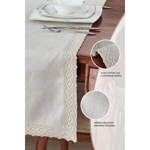 %100 Keten Pamuk Dantelli Runner 50x130 Cm Linen Kumaş Masa Örtüsü Sehpa Leke Tutmaz Mutfak Bej