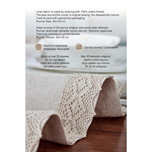 %100 Keten Pamuk Dantelli Runner 50x130 Cm Linen Kumaş Masa Örtüsü Sehpa Leke Tutmaz Mutfak Bej