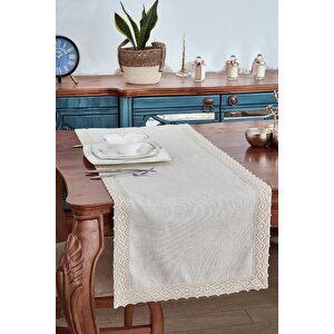 %100 Keten Pamuk Dantelli Runner 50x130 Cm Linen Kumaş Masa Örtüsü Sehpa Leke Tutmaz Mutfak Bej