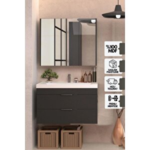 Lotus 80 Cm Banyo Dolabı Lavabo Dahil Antrasit Çekmeceli Komple Mebran Mdf
