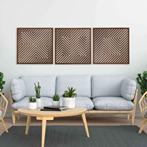 Ahşap Duvar Tablosu, 3 Parça Ahşap Modern Duvar Dekoru, Soyut Desen Duvar Paneli, Ceviz 28x28 cm