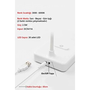 Usb Kablolu Şarjlı Dokunmatik Dimmer Ayarlı 30 Led Okuma Ve Çalışma Işığı Masa Lambası 3 Renk Işık