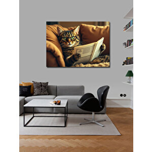 Kanvas Tablo Gazete Okuyan Kedi Figürü 100x140 cm