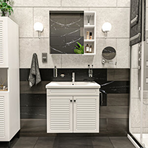Panjur Kapaklı | Aynalı | Lavabolu | Askılı | Banyo Lavabo Dolabı Seti | Luxe | Mat Beyaz Mat Beyaz