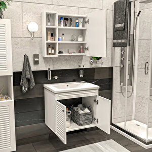 Panjur Kapaklı | Aynalı | Lavabolu | Askılı | Banyo Lavabo Dolabı Seti | Luxe | Mat Beyaz