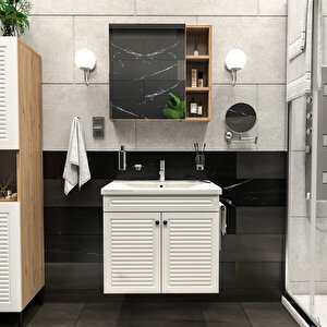 Panjur Kapaklı | Aynalı | Lavabolu | Askılı | Banyo Lavabo Dolabı Seti | Luxe | Ahşap - Beyaz Sepet - Beyaz