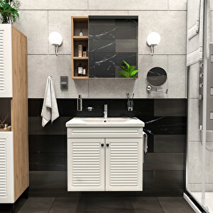 Panjur Kapaklı | Aynalı | Lavabolu | Askılı | Banyo Lavabo Dolabı Seti | Luxe | Ahşap - Beyaz