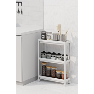 Mithra Life 3 Katlı Tekerlekli Slim İnce Beyaz Banyo Mutfak Rafı Mit1125