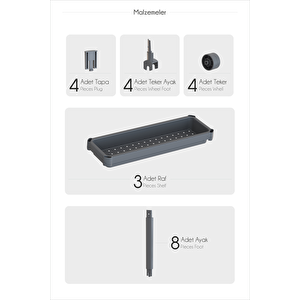 Mithra Life 3 Katlı Tekerlekli Slim İnce Beyaz Banyo Mutfak Rafı Mit1125