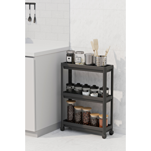 Mithra Life 3 Katlı Tekerlekli Slim İnce Siyah Banyo Mutfak Rafı Mit1126