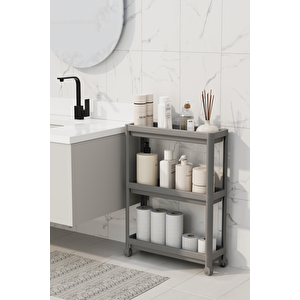 3 Katlı Tekerlekli Slim İnce Gri Banyo Mutfak Rafı Mit1127