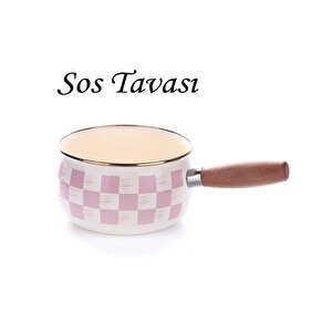 Emaye Çaydanlık 3lü Saklama Kabı Kızartma Tenceresi  Kavanoz Seti Ve 14 Cm Sos Tavası Pembe Dama Desen