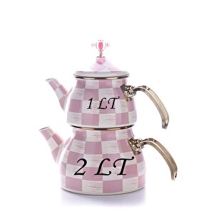 Emaye Çaydanlık Ve 14 Cm Sos Tavası Pembe Dama Desen