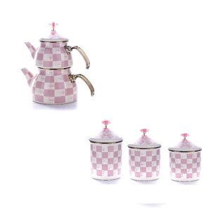 Emaye Çaydanlık Ve 3lü Kavanoz Takımı Pembe Dama Desen