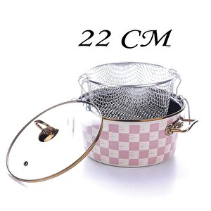 Emaye Çaydanlık 3lü Saklama Kabı Kızartma Tenceresi Ve 14 Cm Sos Tavası Pembe Dama Desen