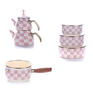 Emaye Çaydanlık 3lü Saklama Kabı Ve 14 Cm Sos Tavası Pembe Dama Desen