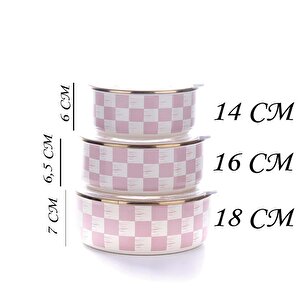 Emaye Çaydanlık 3lü Saklama Kabı Ve 14 Cm Sos Tavası Pembe Dama Desen