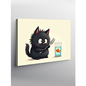 Kanvas Tablo Balıkla Oynayan Kara Kedi 70x100 cm