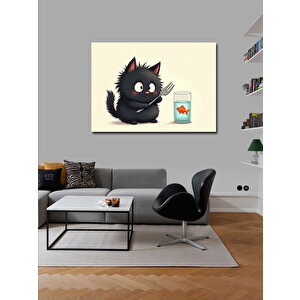 Kanvas Tablo Balıkla Oynayan Kara Kedi 100x140 cm